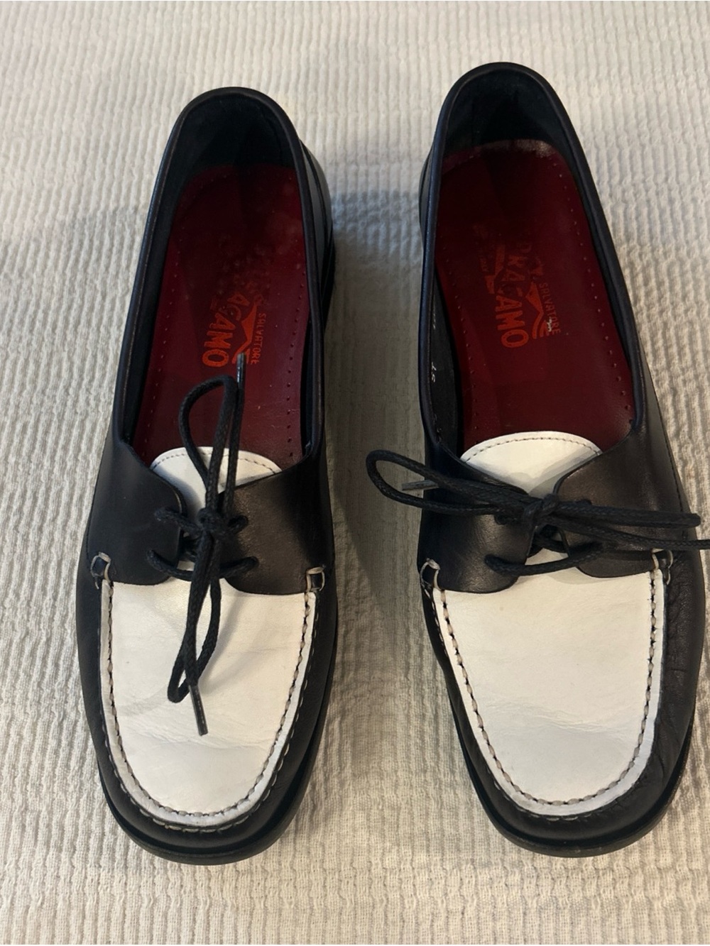 Salvatore Ferragamo Black and White Leather Loafers